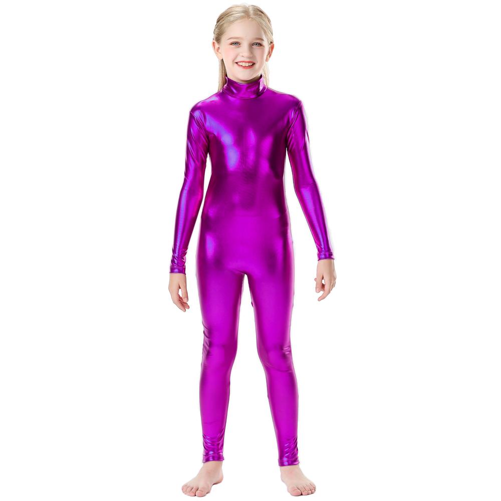 Fete Lucios Metalic Gât Mock Unitard Fermoar Spate Dintr-o Bucată Body Costum Copii Wetlook