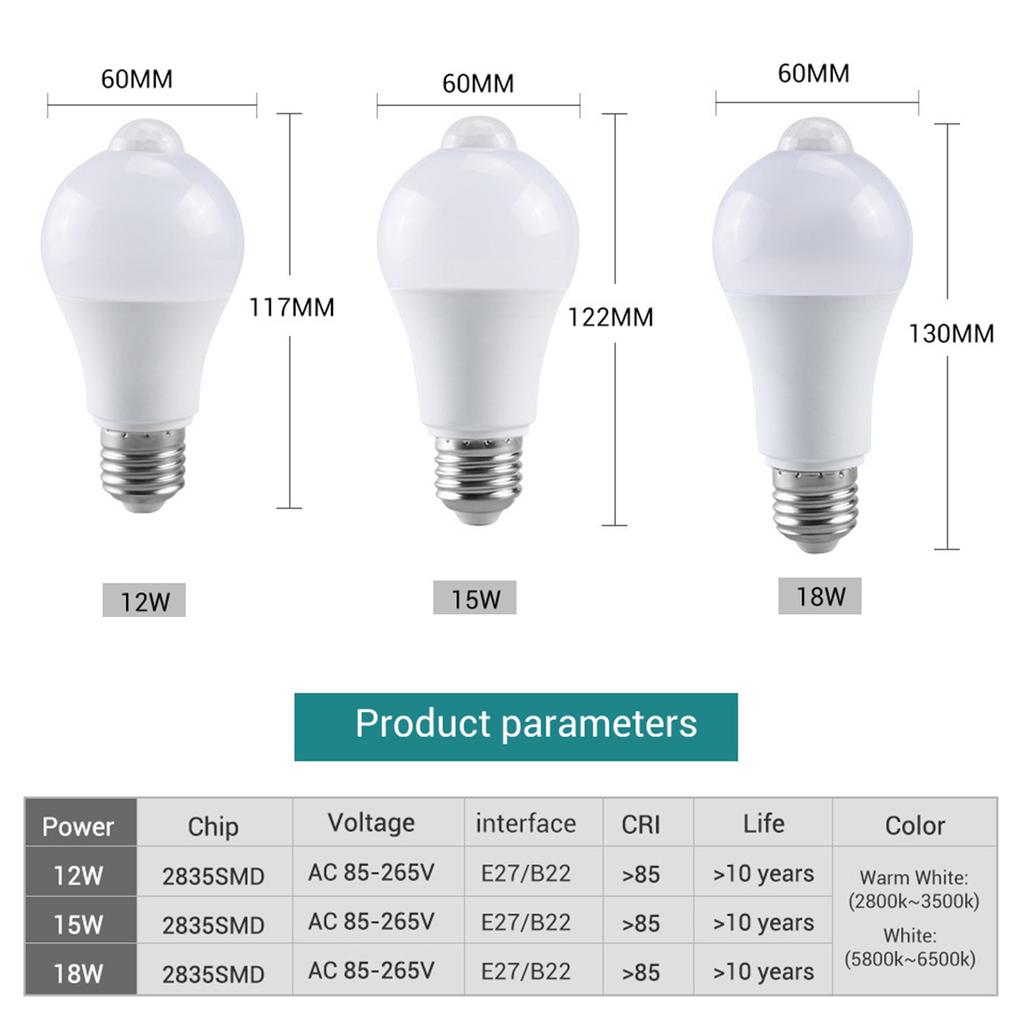 E27 Led Light Bulb 12w 15w 18w Cool White Lamp Pir Sensor Smart Smd2835 Motion Sensor Indoor Bulbs Motion Detector Energy Saving