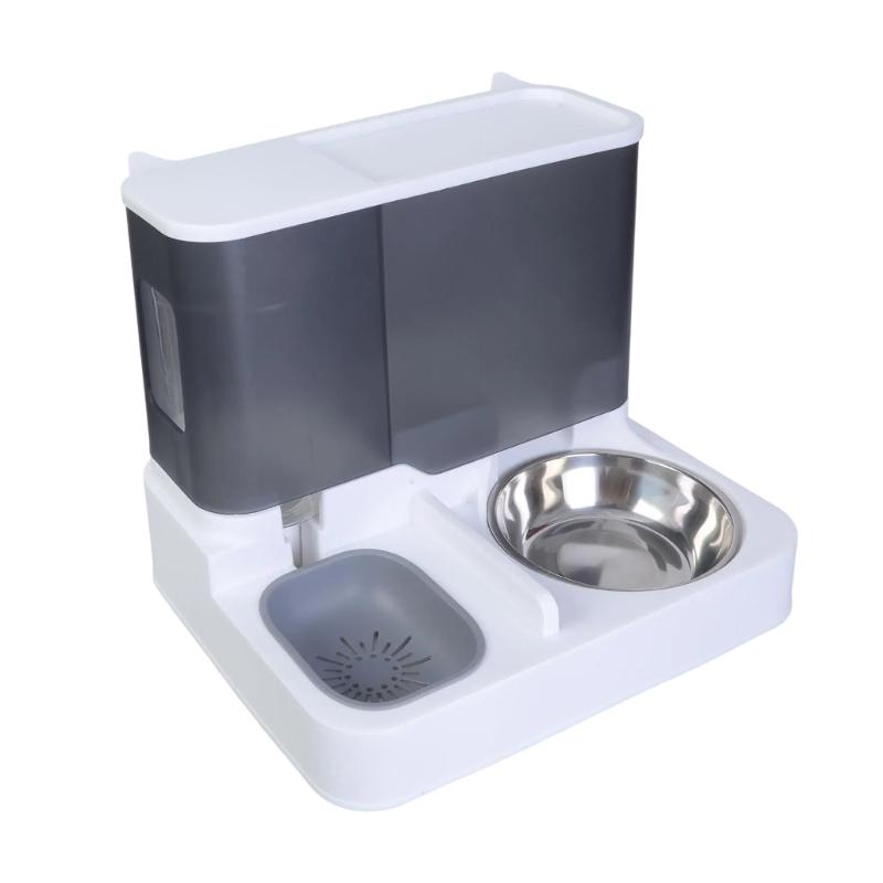 

2IN1 Dog Double Bowl Feeder Clear Water Dispenser and Food Bowl Pet Automatic Waterer Large Capacity Feeding Accessories серый