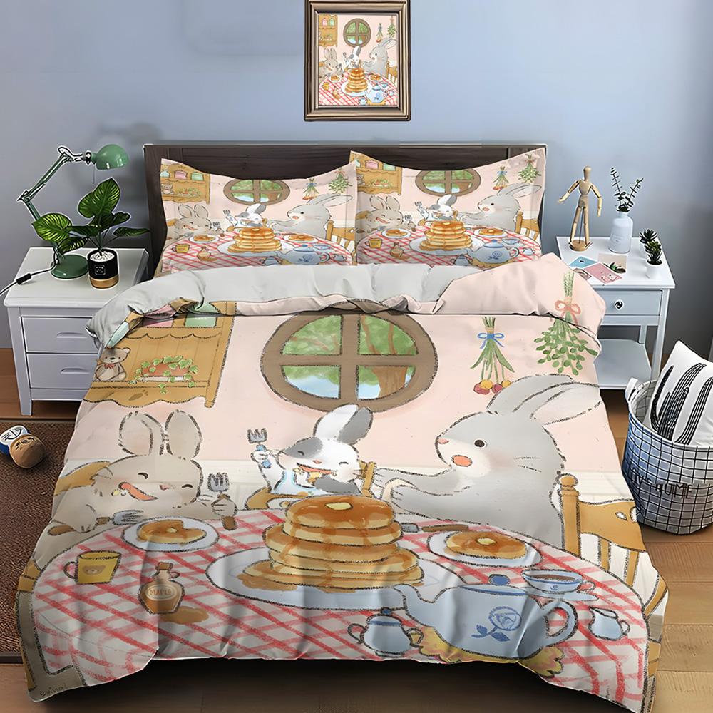 Warm and Cozy Rabbit Family Dinner Theme Bedding Set for Kids Luxury Gift 3pcs Digital Print Comforter Set Soft Comfortable