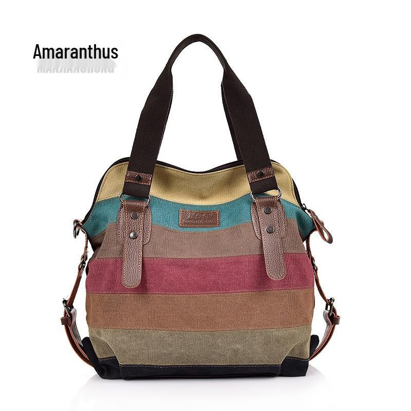 2024 Europeisk & Amerikansk Retro Canvas Regnbågs Patchwork Dam Stor Kapacitet Axelväska