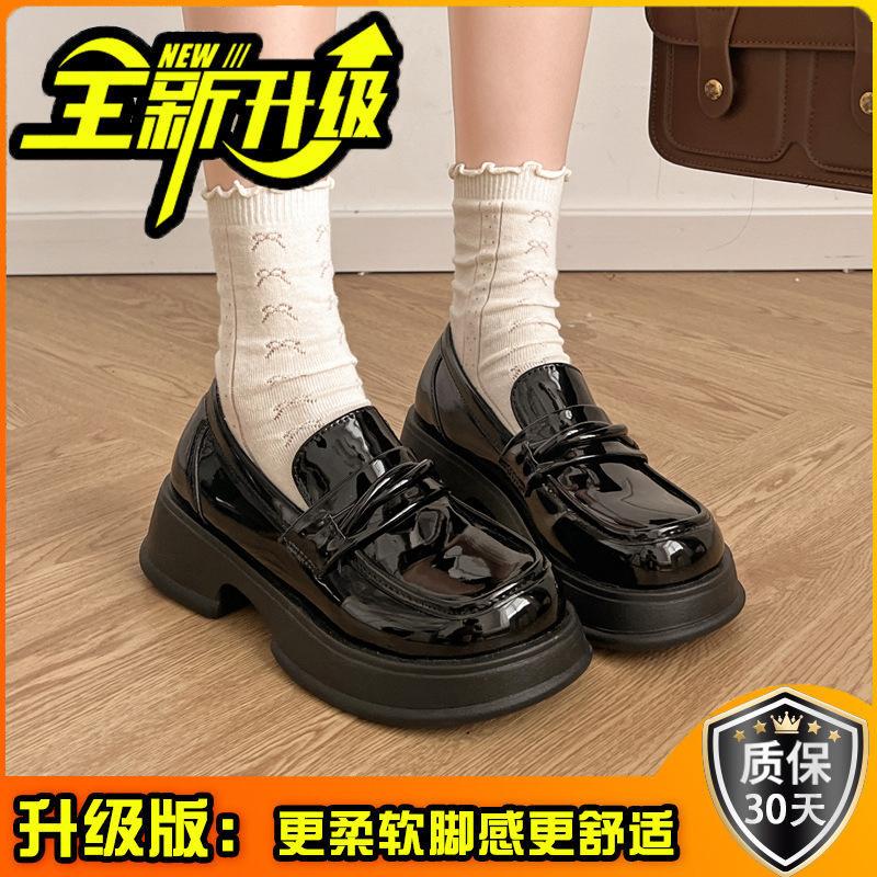 British style platform small leather shoes women's shoes spring and autumn fashion versatile height increase single shoes black one-pedal thick heel