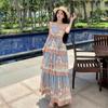 Bohemian Hollow Out Spaghetti-Strap Tiered Maxi Dress for Women Summer Sleeveless Backless Tie Up Slim Printed Beach Dress
