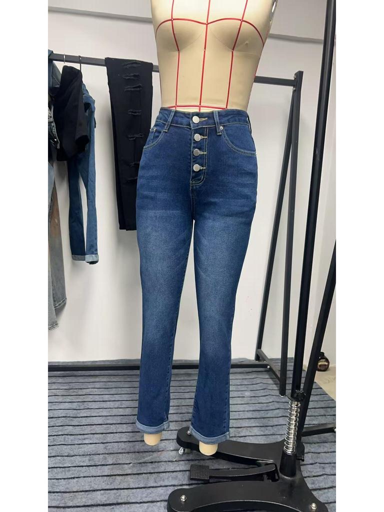 European & American Style Stretch Blue Denim Button-Up Women's Rolled-Up Pants
