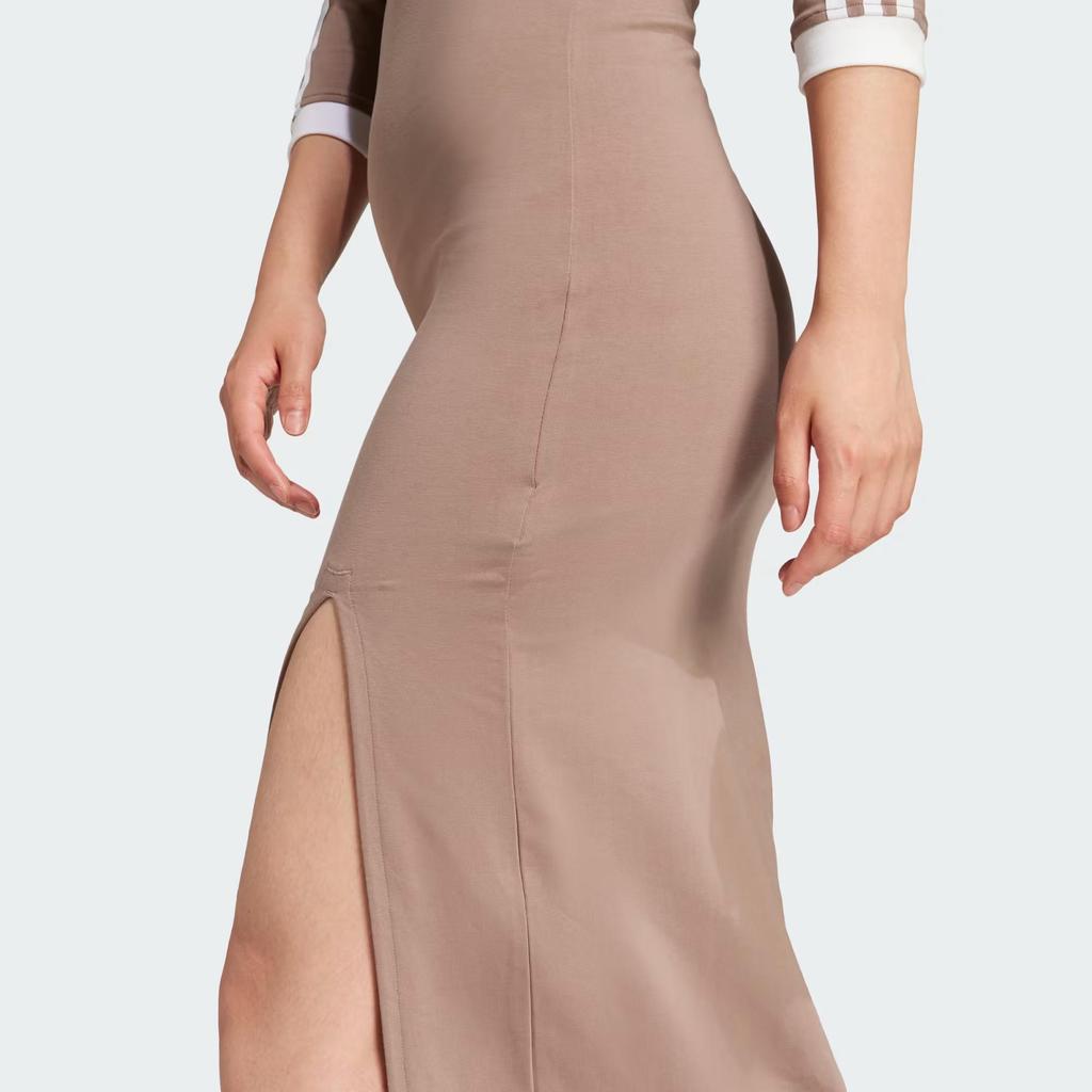 adidas Originals Adicolor Classics V-Neck Three-Quarter Sleeve Side Slit Maxi Dress Women Shadow-Brown JX5193