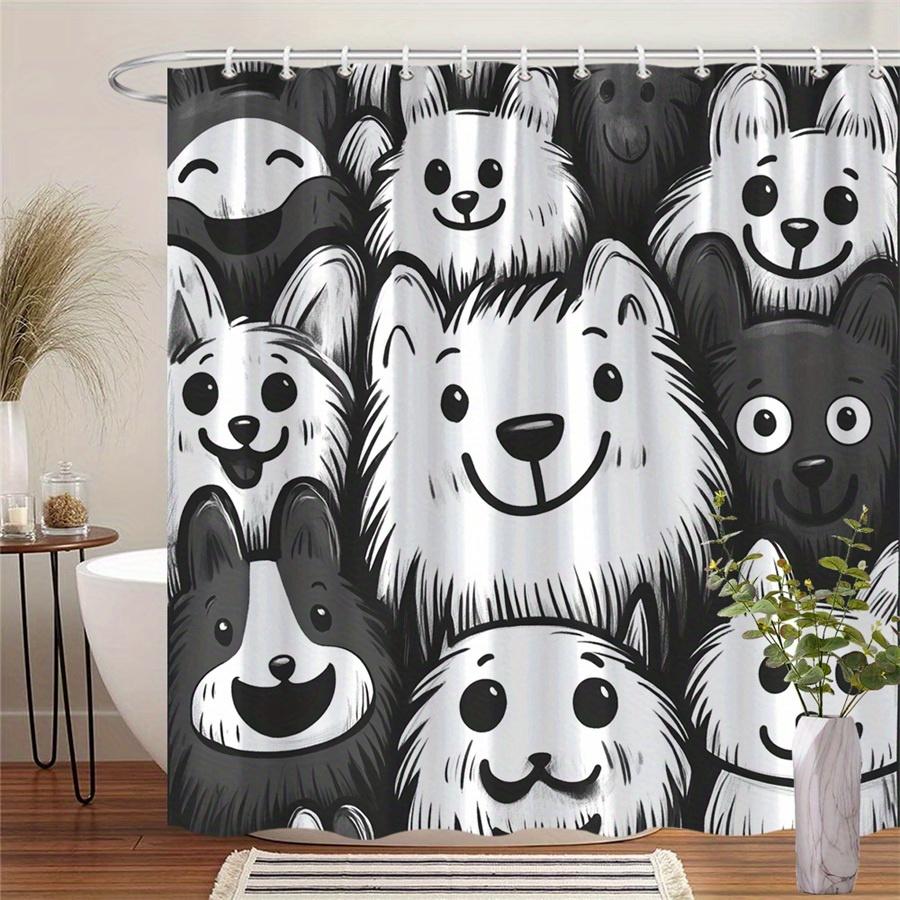 1 Whimsical Cartoon Dog Face Shower Curtain - Expressive black and white design, polyester fabric with hooks, machine washable 90X180cm