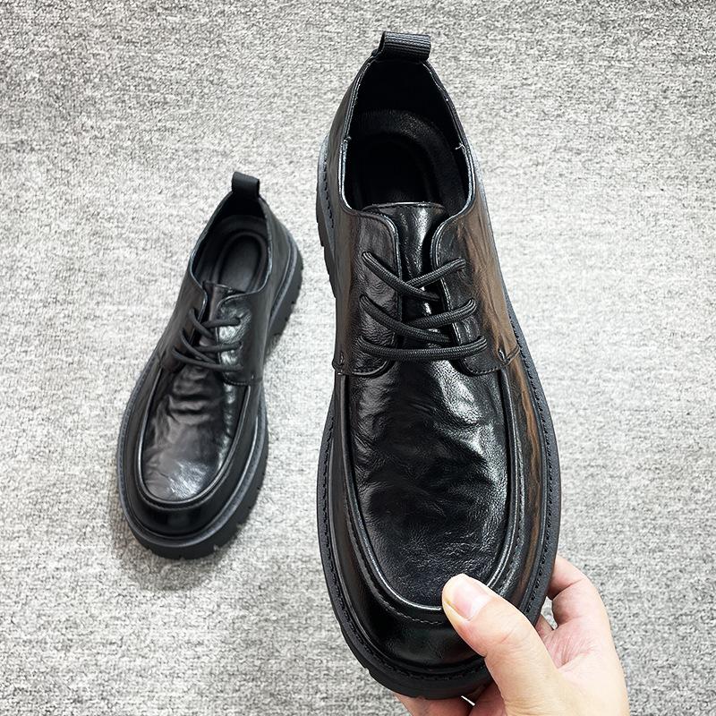 2025 spring new men's casual business platform heightening big head leather shoes men's black lace-up leather derby shoes