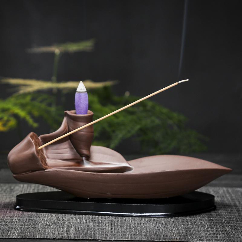 Double Leaf Like Flowing Lotus Backflow Incense Burner Ceramics Sandalwood Incense Sticks Holder with Plastic Bottom Home Decor