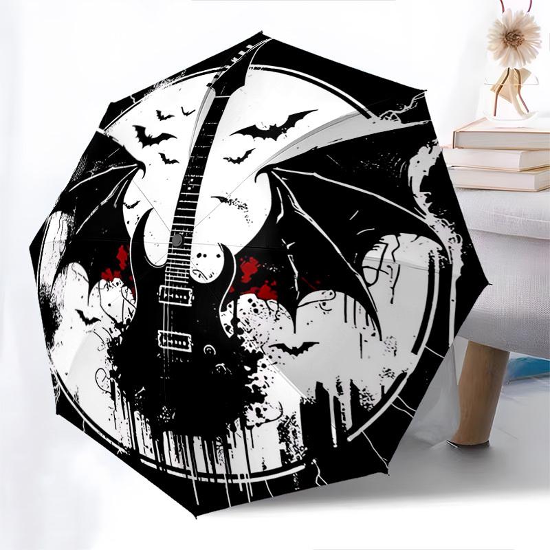 1pc Gothic Guitar Bat Skull Automatic Folding Umbrella, Portable 3-Fold Design, 8-Bone Iron Frame Outdoor Umbrella, Unique Gift for Fans, Travelers, E