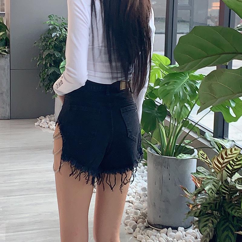 Sommer Hip-Hop-Metallelemente Hohe Taille Tiefe Taschen Jeans Damen Zerrissene Shorts