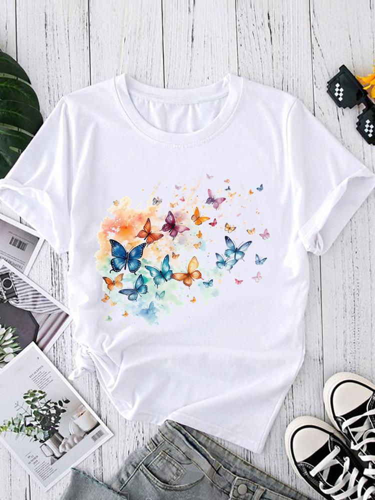 (Asian Size) Short Sleeve T-shirts O-neck Casual Clothing Fashion Female watercolor love heart Women's Top T shirt Printed Graphic Tee