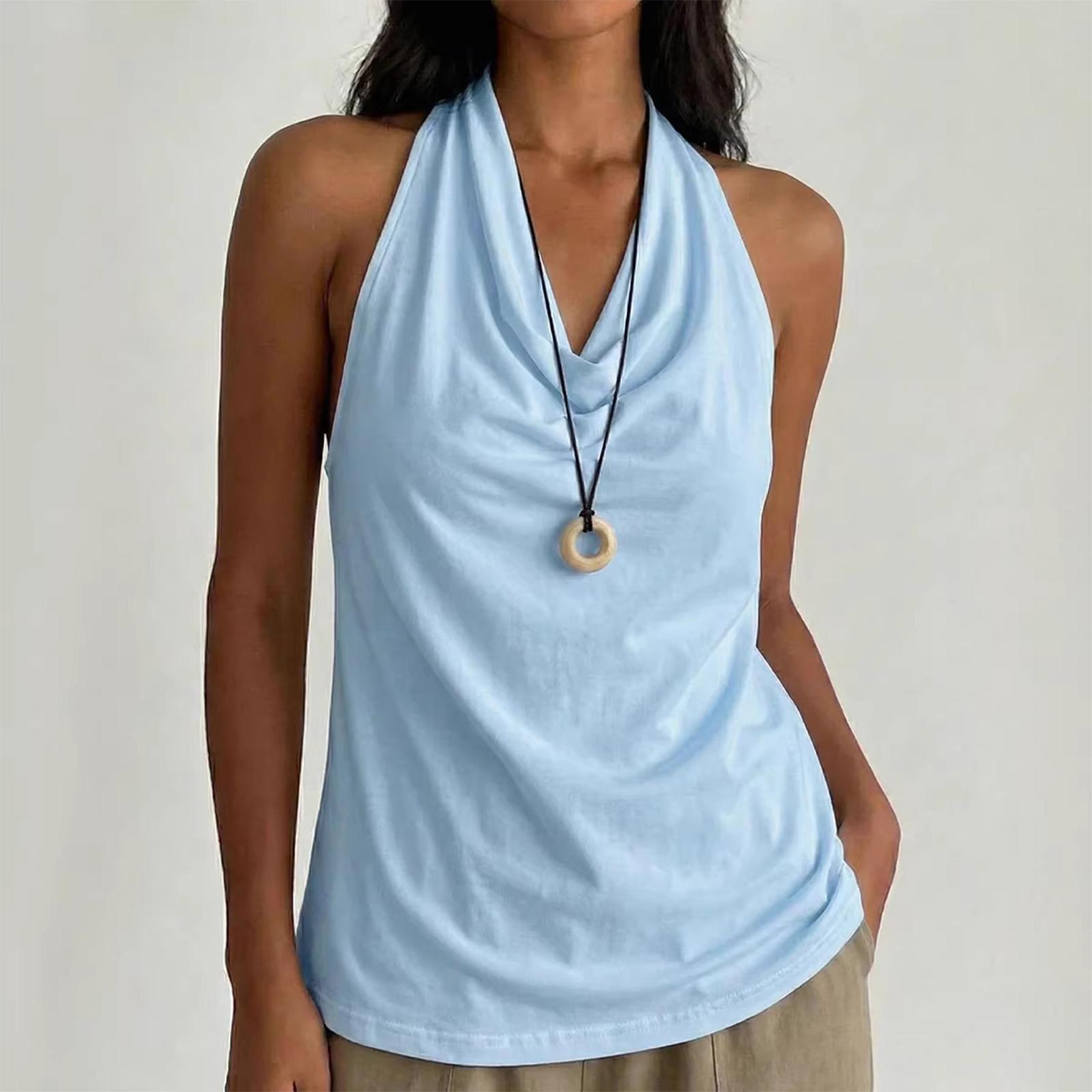 

Ladies Casual And Fashionable Collar Hanging Neck Sleeveless Camisole Vest L синий