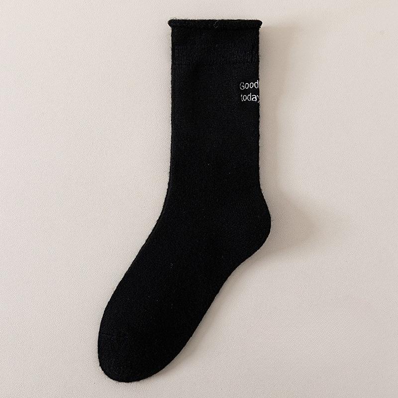 Winter and Autumn Mid-length Wool Socks with Embroidered Rolled Edges, Soft and Warm, Straight and Fluffy Socks, Versatile Socks