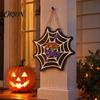 Rustic Farmhouse Holiday Ornament Wooden Halloween Door Hanger Sign, Spider Web Hanging Trick Theme Party Props or Treat Plaque, Entryway Sign
