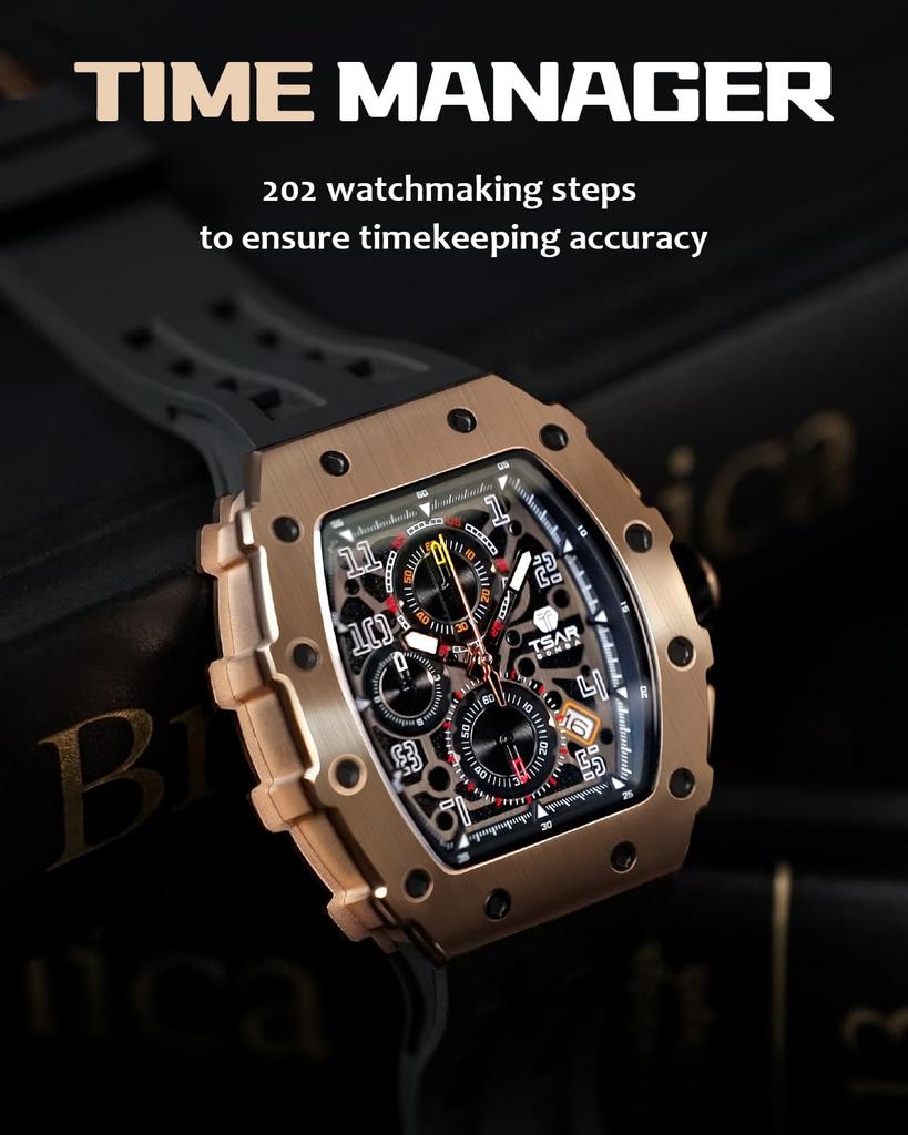 TSAR BOMBA Men's Skeleton Automatic Watch Ceramic Japanese Movement Tonneau Silicone Strap 50M Water Resistant Luminous Luxury Business Fashion Sports