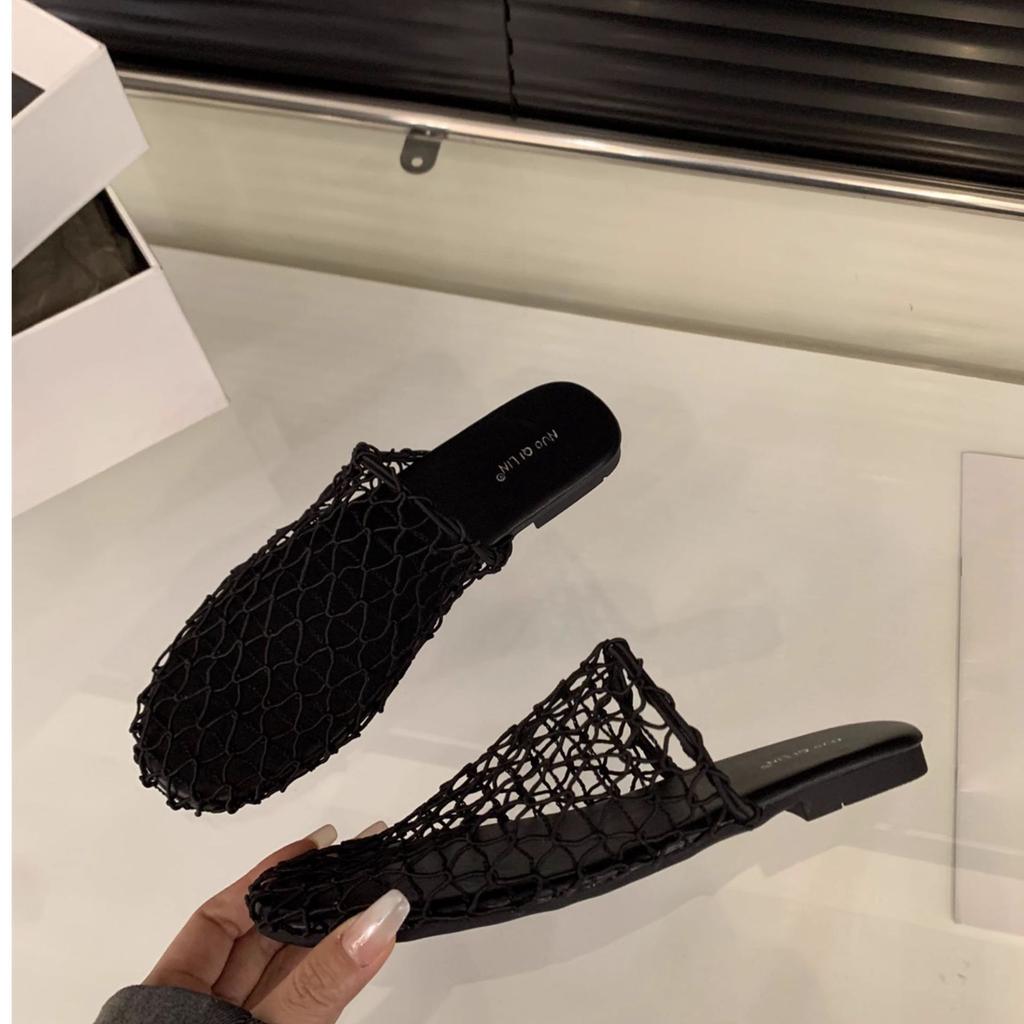 Woven Mesh Bag Head Half Slippers Women's Shoes 2025 Summer New Flat-bottomed Vacation Retro Roman Sandals