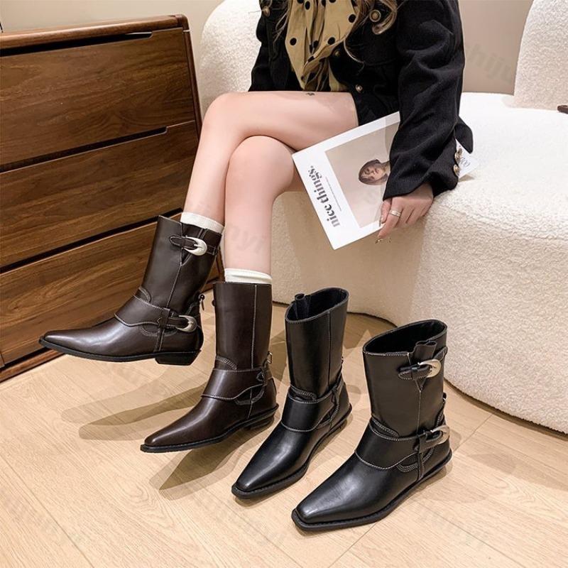 Fashion Womens Ankle Boots 2025 Autumn Fashion Belt Buckle Non-slip Soft Sole Square Toed Retro Fashion Short Boots Low-heel Botas Mujer