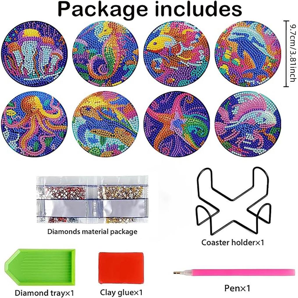 8 sztuk/zestaw podstawek z motywem zwierząt morskich malowanych diamentami z uchwytami Podkładki DIY dla początkujących i dorosłych, artykuły artystyczne i rzemieślnicze, prezenty