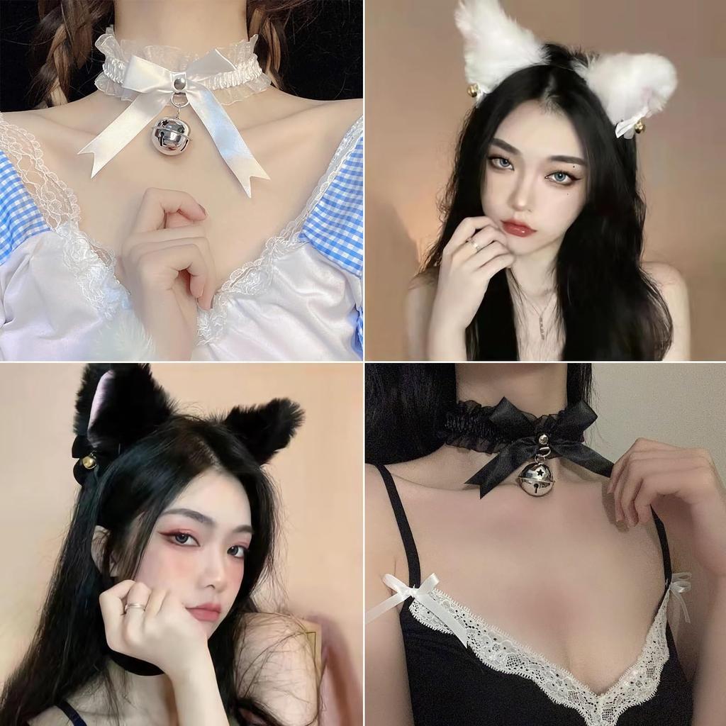 LEISURE CLUB Halloween Cat Ear Headband, Glowing White Choker with Bell, Cute Cat Ear Cosplay Accessory for Adults and Kids, Cute Hair Ornament,