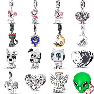 S925 Sterling Silver Cartoon Cute Cat Dog Angel Flowers Heart Beads Fit Original  Charms Bracelet DIY Making Women Jewelry