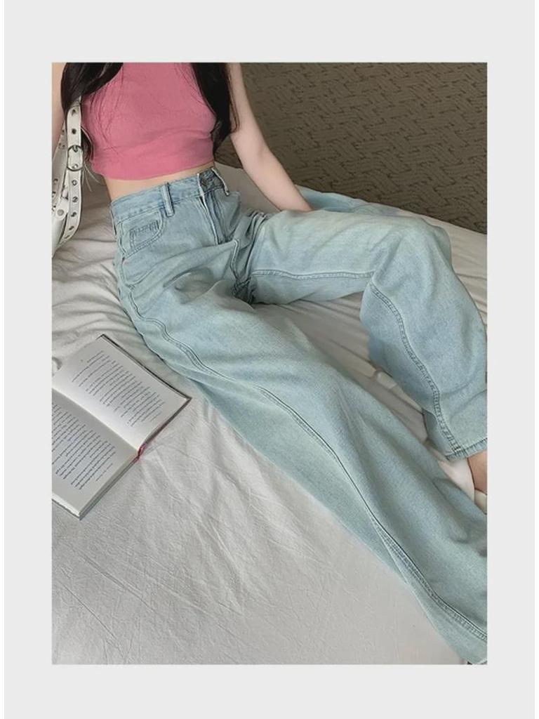 Women's Pink High Waist Leather Jeans, Wide-Leg, Loose-Fit, Straight Mopping Trousers, Available in Large Plus and Small Sizes, Fashionable Design