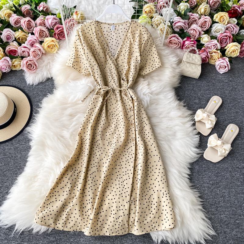 Koreanisches rotes elegantes Kleid Frauen Sommer Strand V-Ausschnitt Polka Dot Midikleid Taille Split Kleider Rosa Blau Schwarz