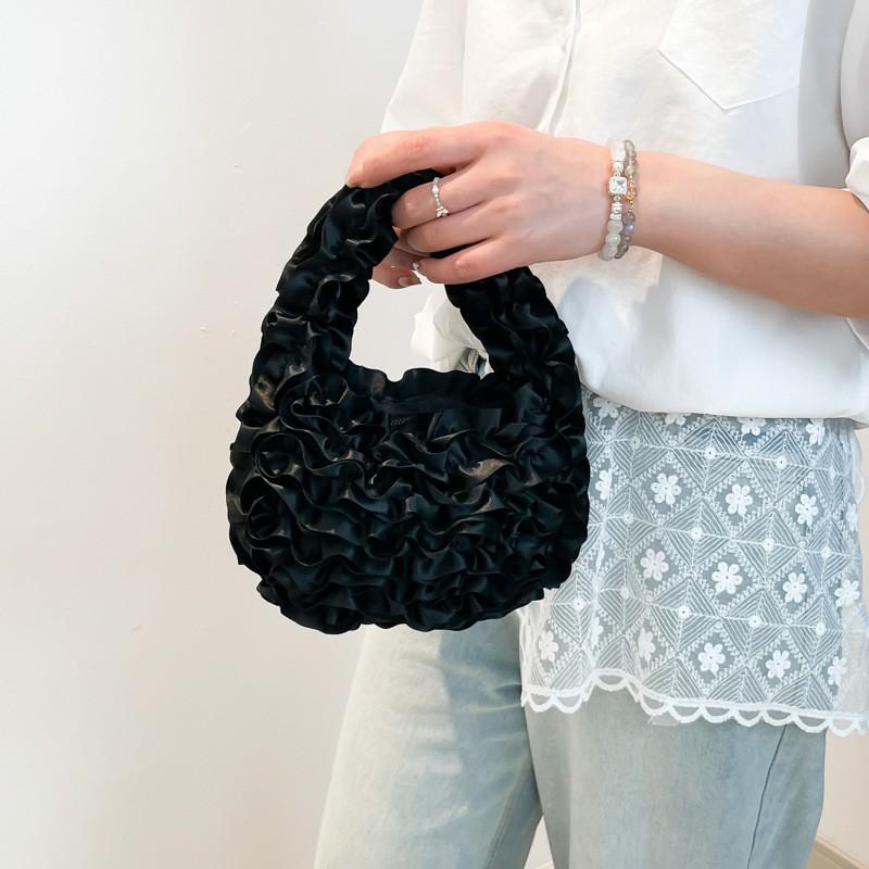 Sweet Feminine Mini Pleated Lace Mesh Handbag With Ruffle Trim - Soft Wristlet Clutch Evening Party Daily Use
