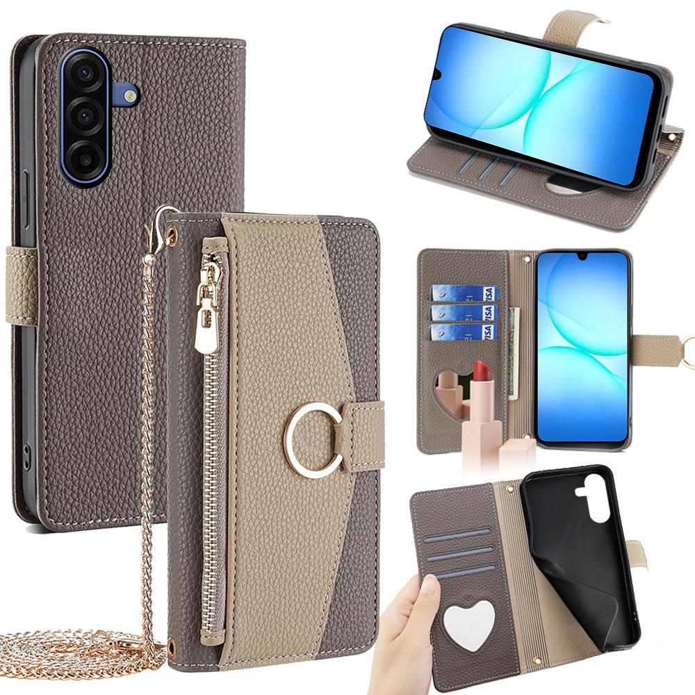 For Samsung Galaxy A17 5G Case Mirror Wallet Leather Phone Cover with Chain Shoulder Strap