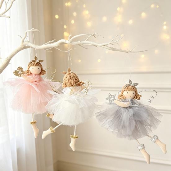 Elegant Christmas Room Furnishings Angel Doll Hanging Ornaments with Lace Mesh And Glitter Wings for Fairy Tale Style Tree Decoration, Fabric Pendant