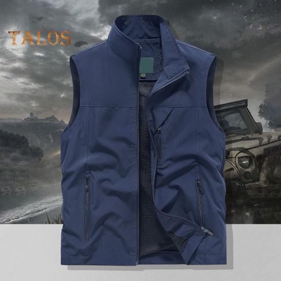 Pánská vesta stojáček límec bez rukávů vesta se zapínáním na zip kabát s velkými kapsami jednobarevná outdoorová rybářská vesta