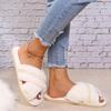 Fashion Luxury Pearl Chain Cross Strap Fur Slippers Women Autumn Round Toe Thick Bottom Outdoor Slides Soft Sole Short Plush Slippers