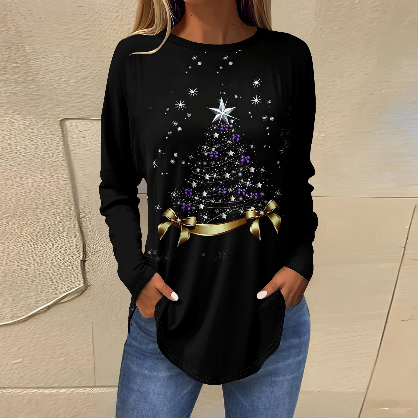 

Women s Loose Comfortable Casual Fashion V-Neck Christmas Print Long Sleeve Hoodie L чёрный