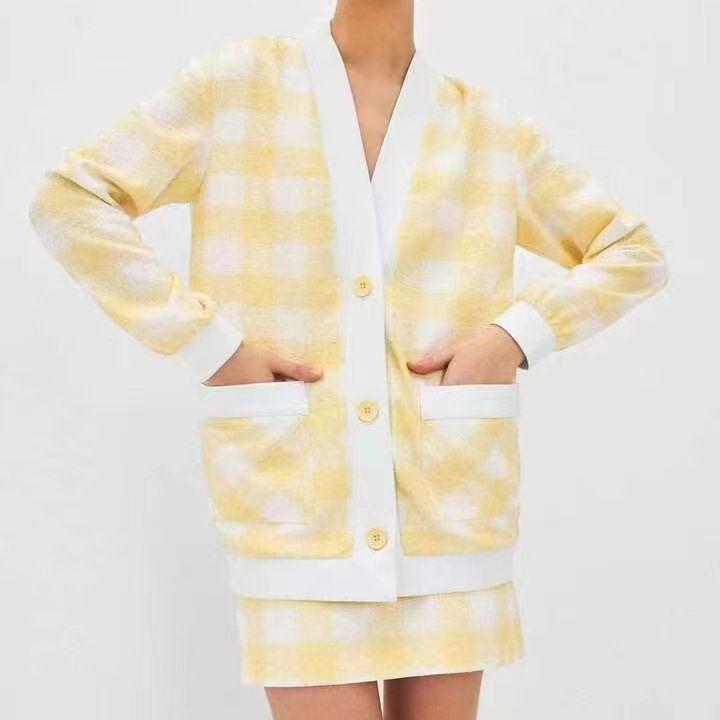 

Independent Station Свитер Куртка Осень и зима Женский вязаный кардиган Свободная юбка из двух частей Удобная Универсальная и модная M жёлтый