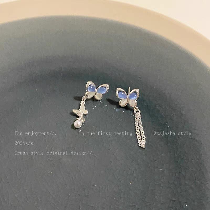 Asymmetrical blue opal butterfly fringed stud earrings women s new light luxury earrings sweet high-end earrings