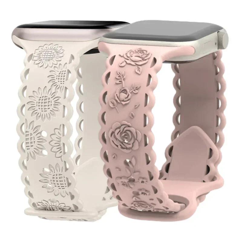 Y2k Trendiges Rosen-Relief-Silikonarmband für Apple Watch 10 9 8 7 6 5 4 3 2 Armband 44mm 45mm 46mm 49mm 42mm 40mm Uhrenarmband