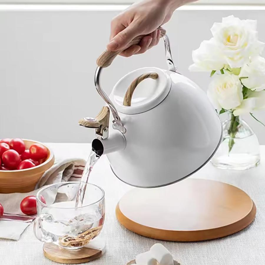Whistling Tea Kettle 3 Liters Food Grade Stainless Steel Teapot Water Kettle with Wood Pattern Anti-slip HandlePerfect for Home