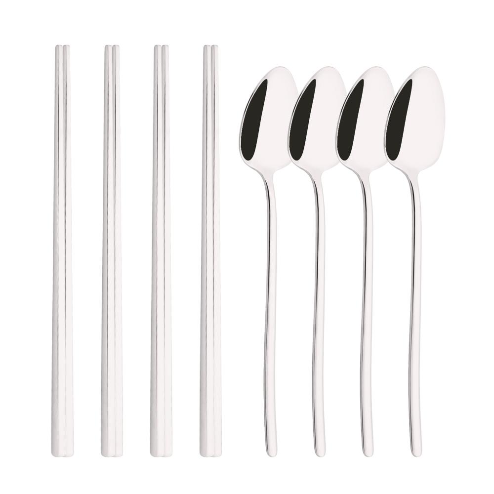

Korean 8Pcs Tableware Set High Quality Stainless Steel Dinner Set White Gold Luxury Dinnerware Spoon Chopsticks Cutlery Set серебряный