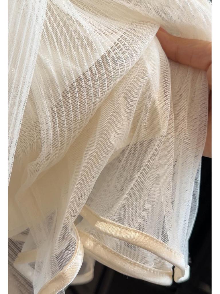 Women's French Shimmering Mesh A-Line Pleated Skirt, Spring/Summer 2026 Trend, Mid-Length with Large Hem