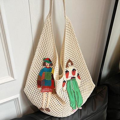 Hollow Mesh Knitted Shoulder Bag Beach Vacation Slouchy Chic Cartoon Tote Bag Lightweight Laid-Back Casual Woven Women Handbag