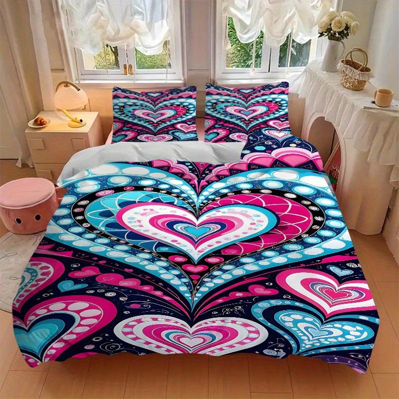3Pcs Heart-patterned fabric Printed Bedding Set, Breathable And Soft, Machine Washable, Christmas Gift, Suitable for Bedroom Decoration, 15166