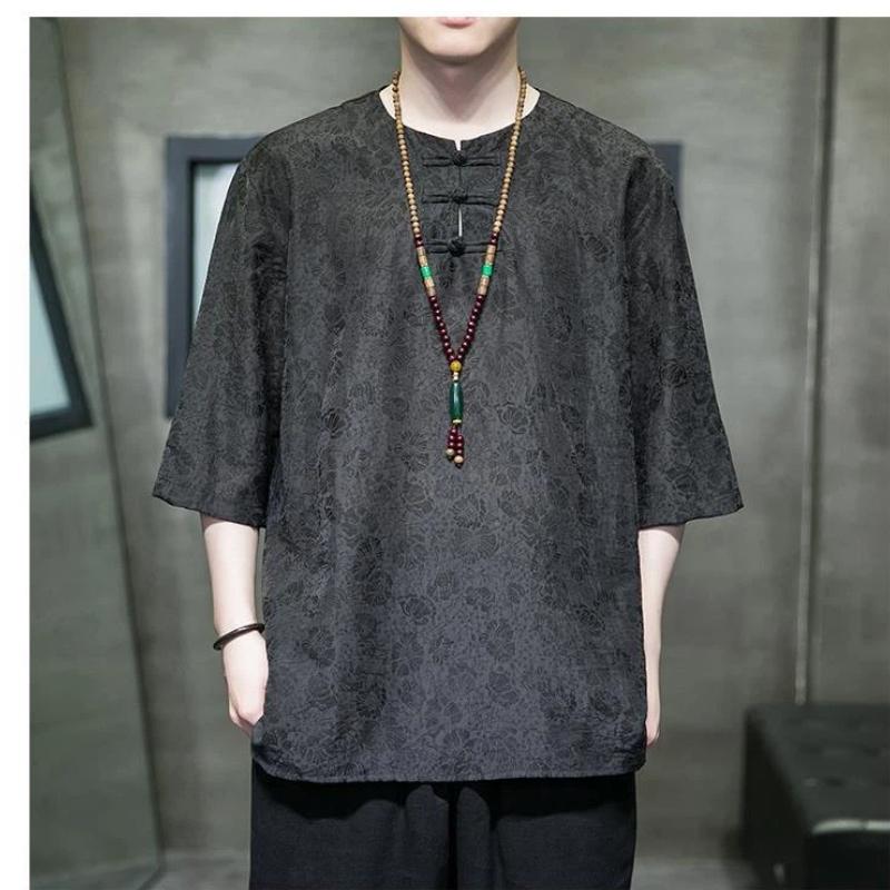 Men's Chinese Style Round Neck Half Sleeve Shirt Frog Button Textured Casual Top for Daily