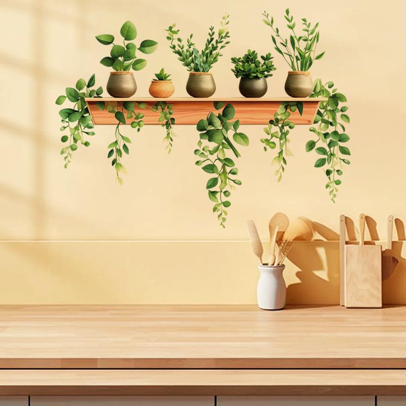 3D Green Plants Wall Stickers Potted Hanging Baskets Vinyl Mural Art Decals for Kitchen Study Living Room Decoration
