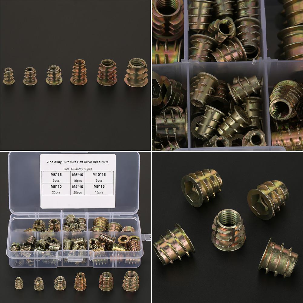 80pcs M4M5M6M8M10 Zinc Alloy Screw In Type Hex Drive Threaded Furniture Insert Nuts Set