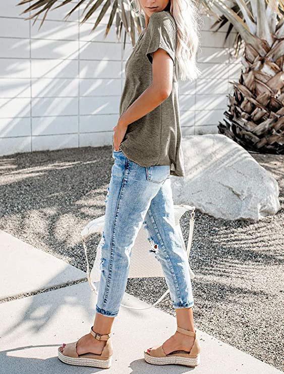 New Women's V-Neck Short Sleeve Loose Pocket T-shirt for Spring/Summer - Europe & America Style