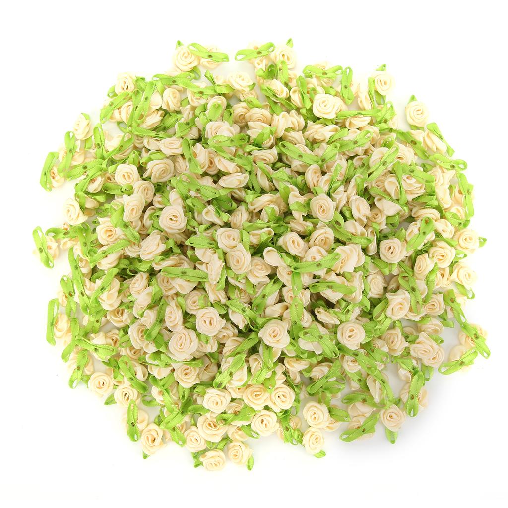 450Pcs Mini Ribbon Rose Decoration Bow Flower with Leaf Ornament for DIY Sewing CraftingBeige