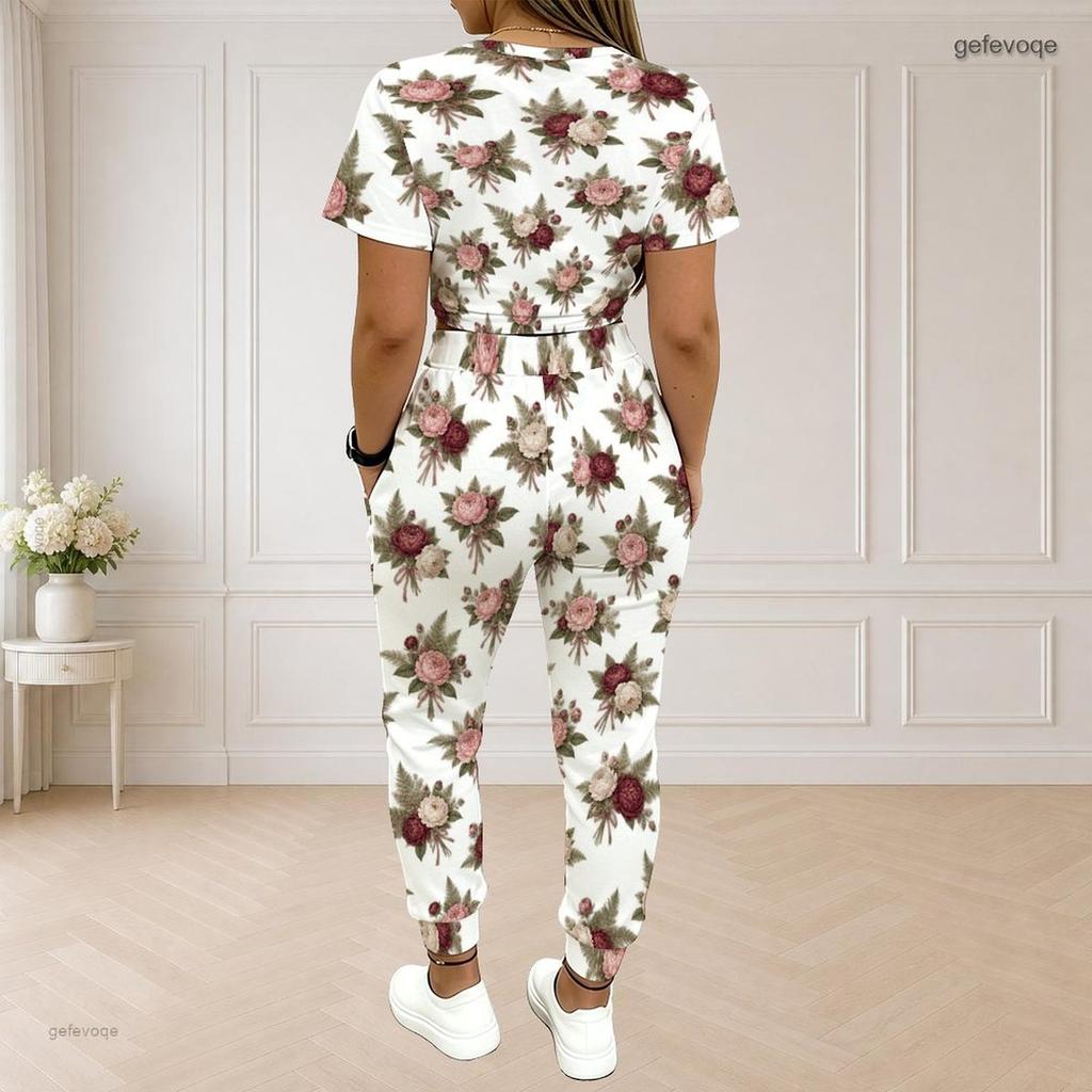 Women Plus Size Printed Round Neck Short Sleeve Top Drawstring Pocket Cuffed Pants Two Piece Set