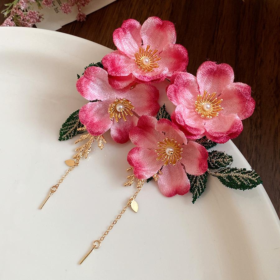 

Silver needle fabric flower fringed earrings holiday wind fresh and sweet simple fashion stud earrings niche high-end earrings