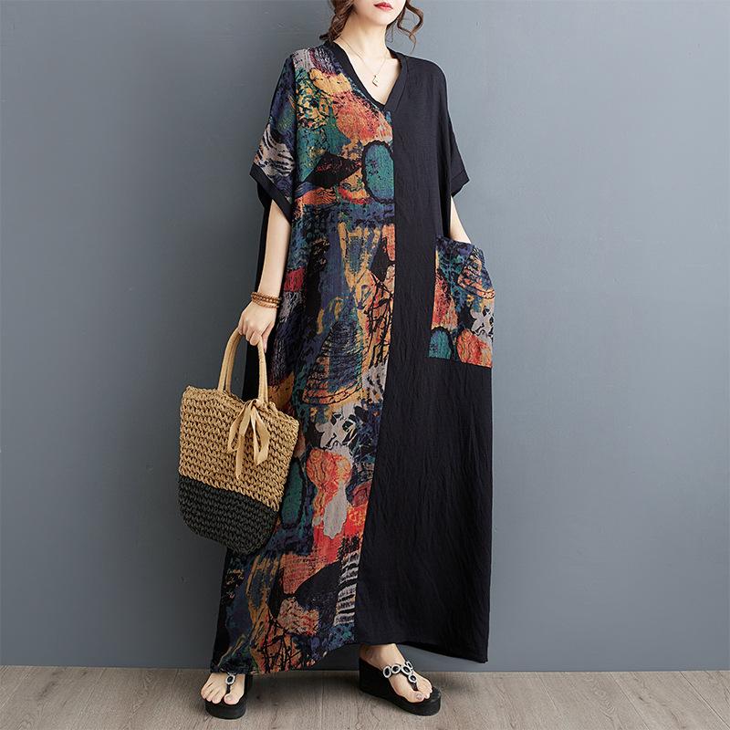 

Летнее хлопковое льняное художественное свободное принтовое стройнящее платье с V-образным вырезом и короткими рукавами средней длины для женщин One Size