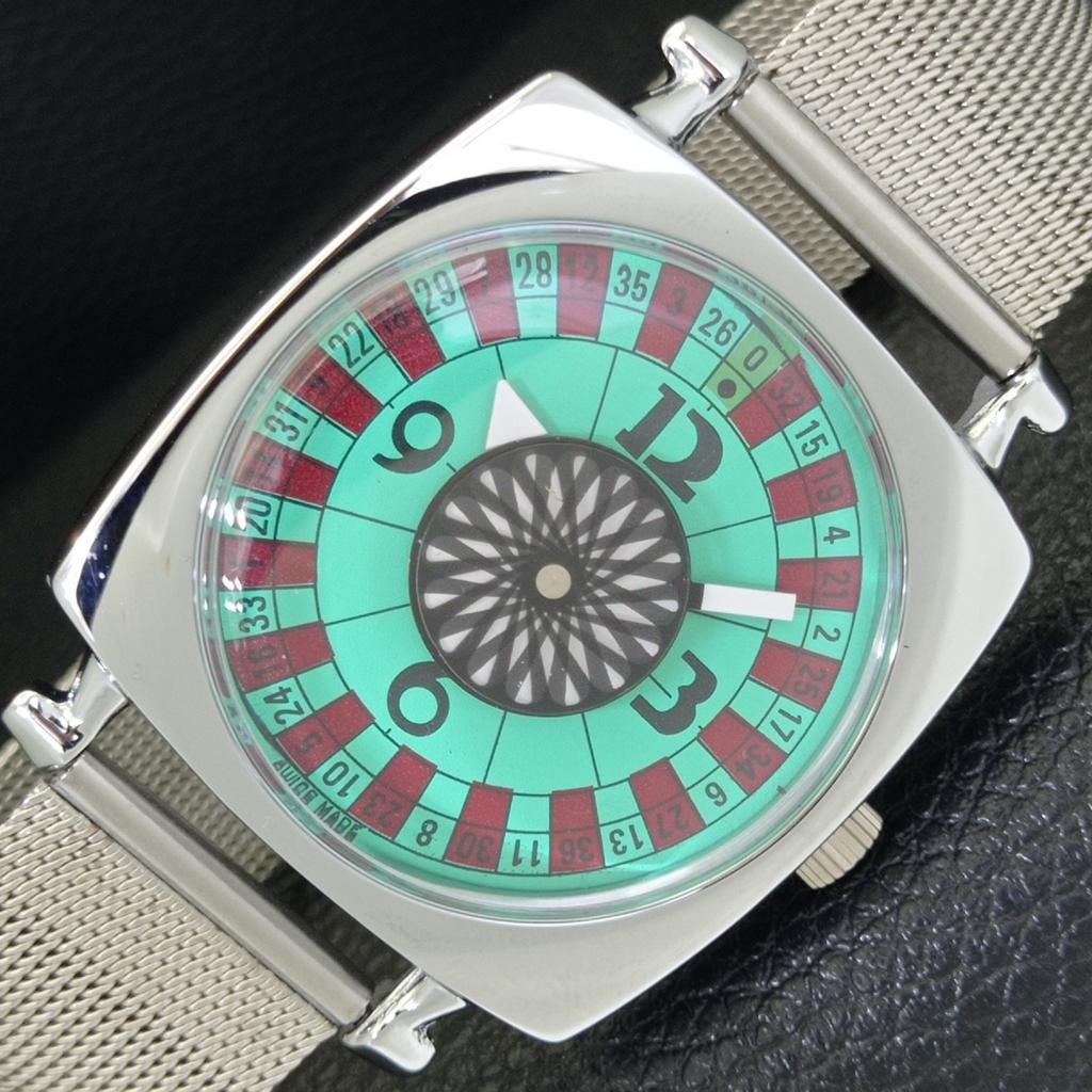 HAND-WINDING SWISS MENS VINTAGE POKER FACE REFURBISHED SEA GREEN WATCH A700924-5 R205a-a700924