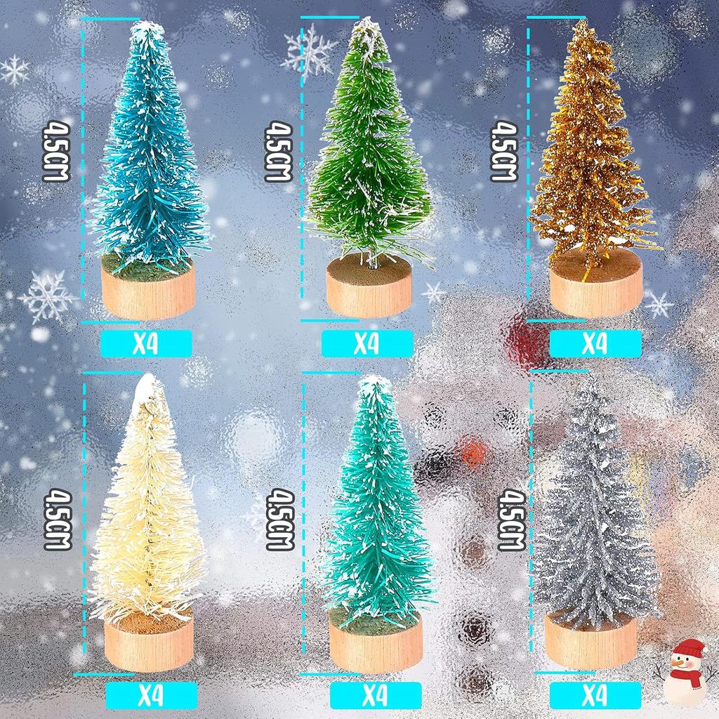 24 Pcs Mini Christmas Bottle Brush Trees with Wooden Base, Tiny Sisal Trees for Winter Tabletop Decor (Multi-Color)